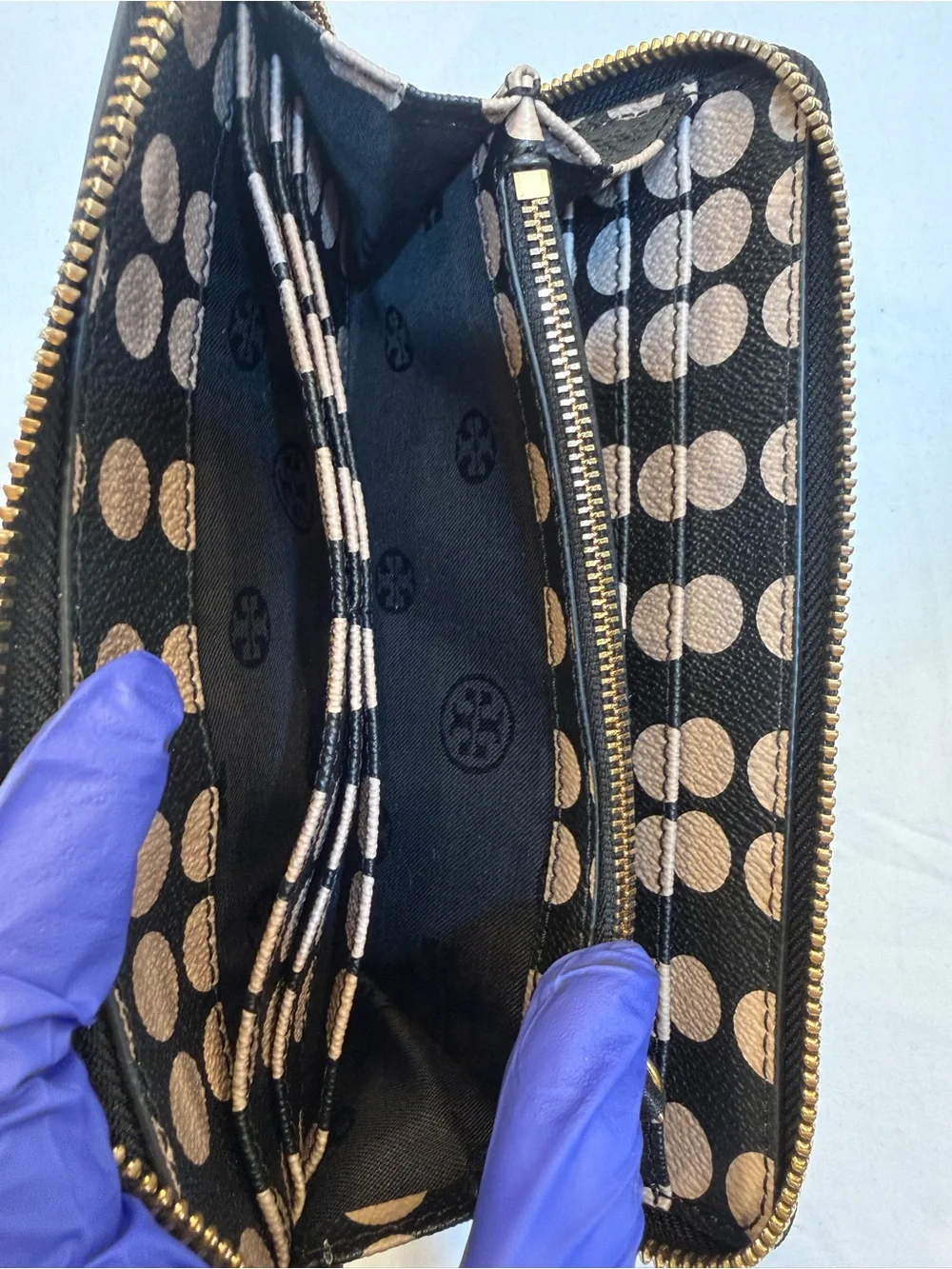Tory Burch Blush Pink Polka Dot Zip Wallet with Gold Logo